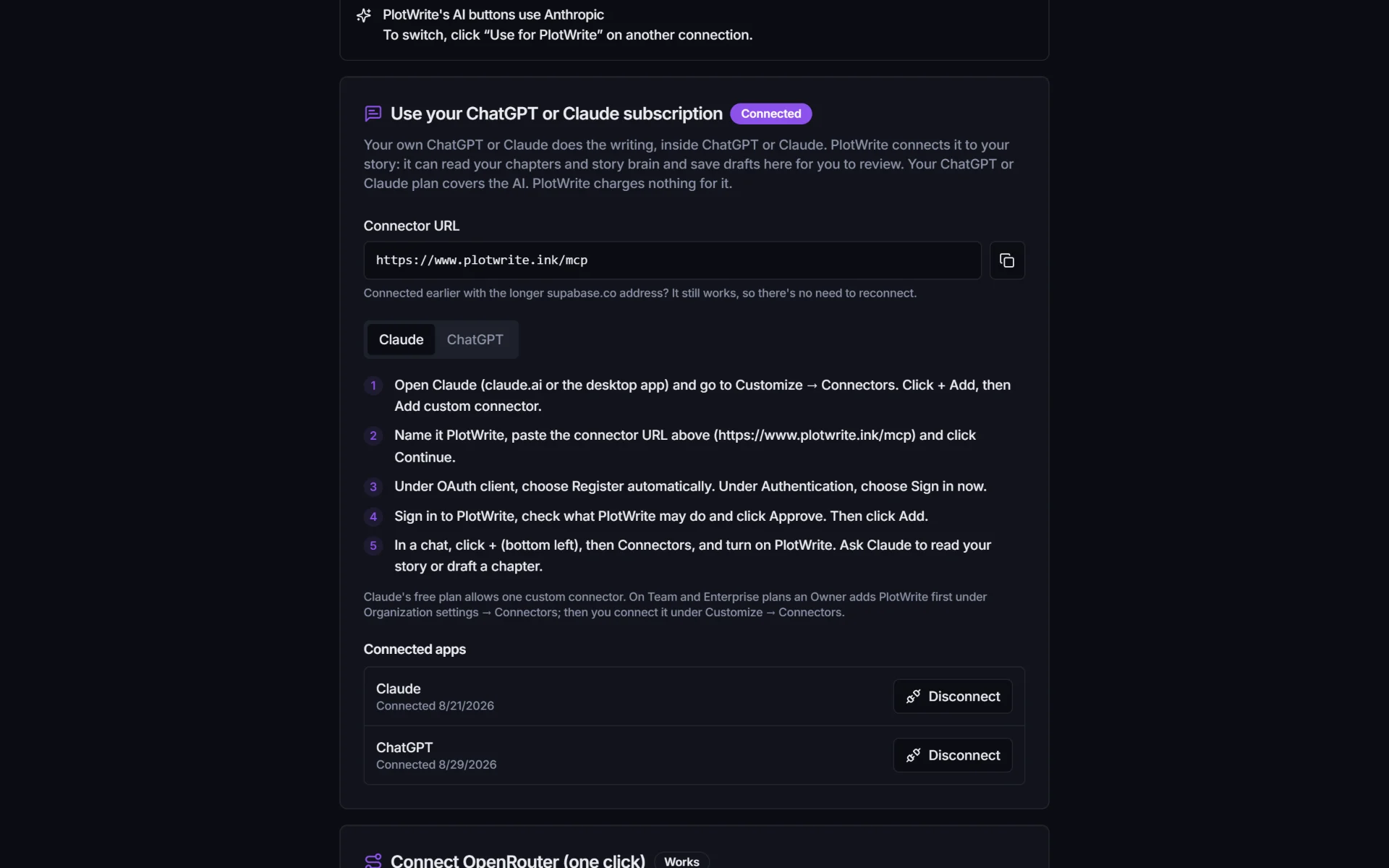 PlotWrite's AI connections: the connector URL to paste into Claude or ChatGPT, step-by-step instructions, and the connection marked Connected.
