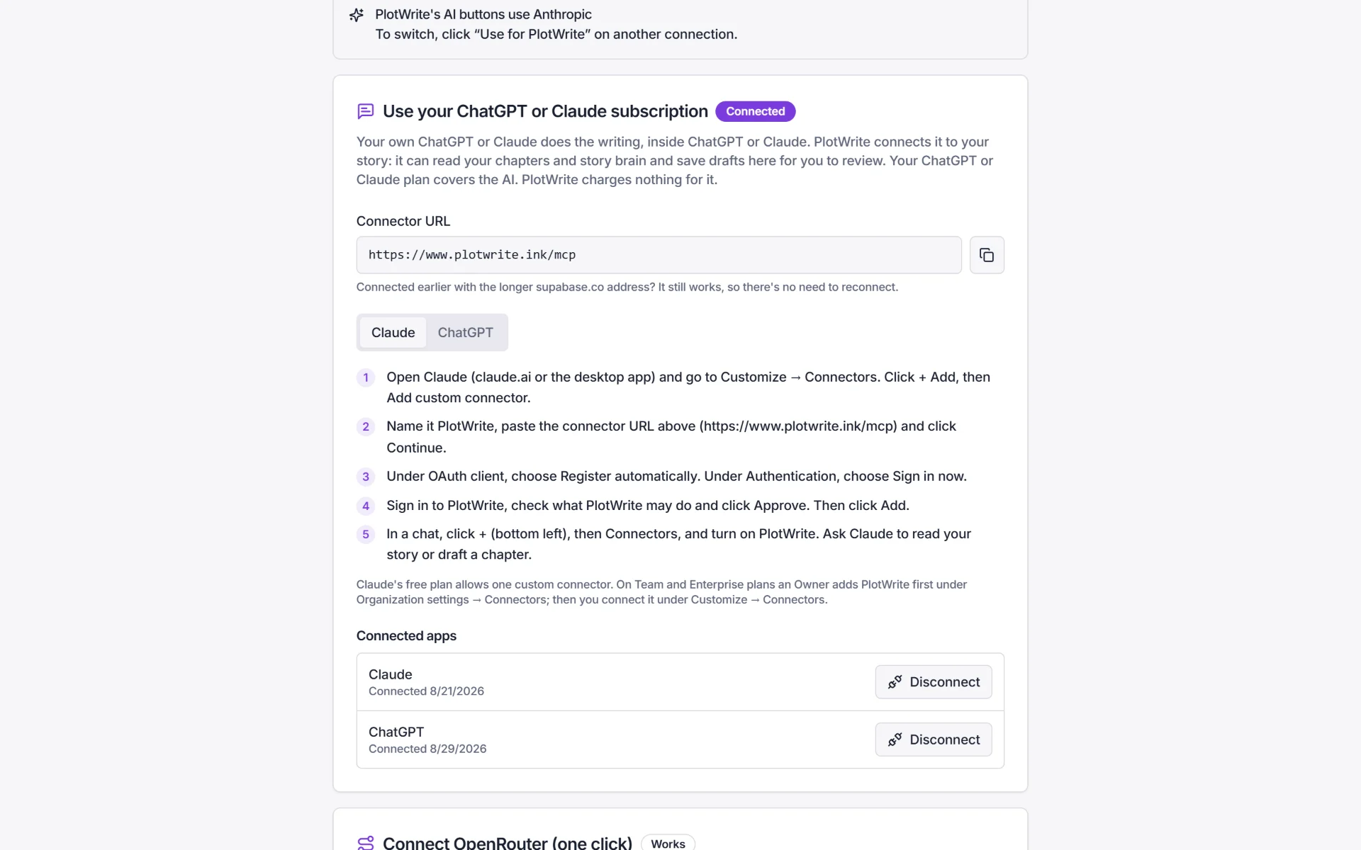 PlotWrite's AI connections: the connector URL to paste into Claude or ChatGPT, step-by-step instructions, and the connection marked Connected.