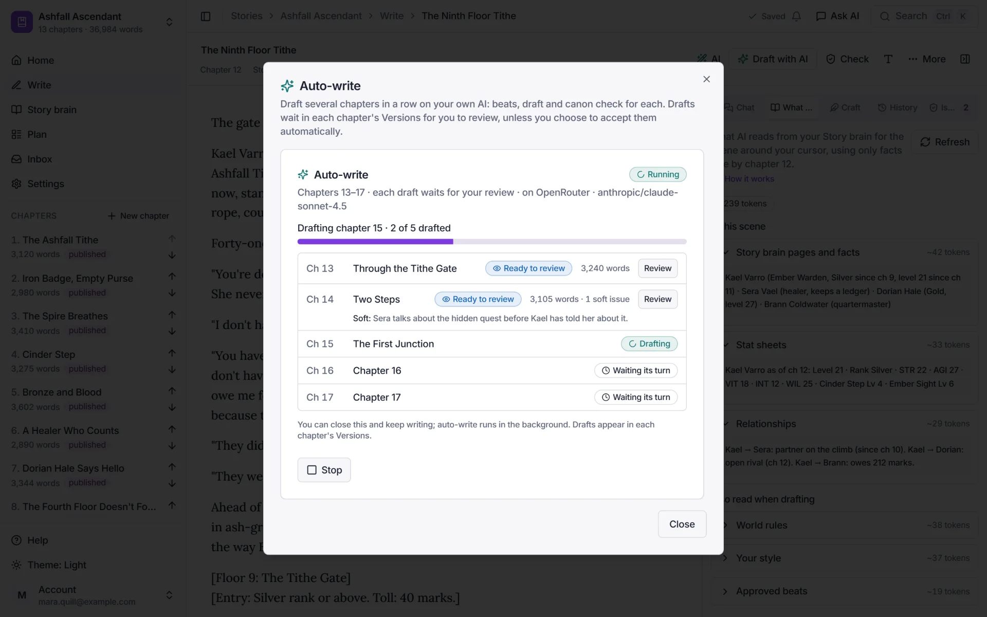Auto-write drafting chapters 13 to 17: chapters 13 and 14 are ready to review (3,240 and 3,105 words, one soft canon issue), chapter 15 is drafting, and 16 and 17 wait their turn.