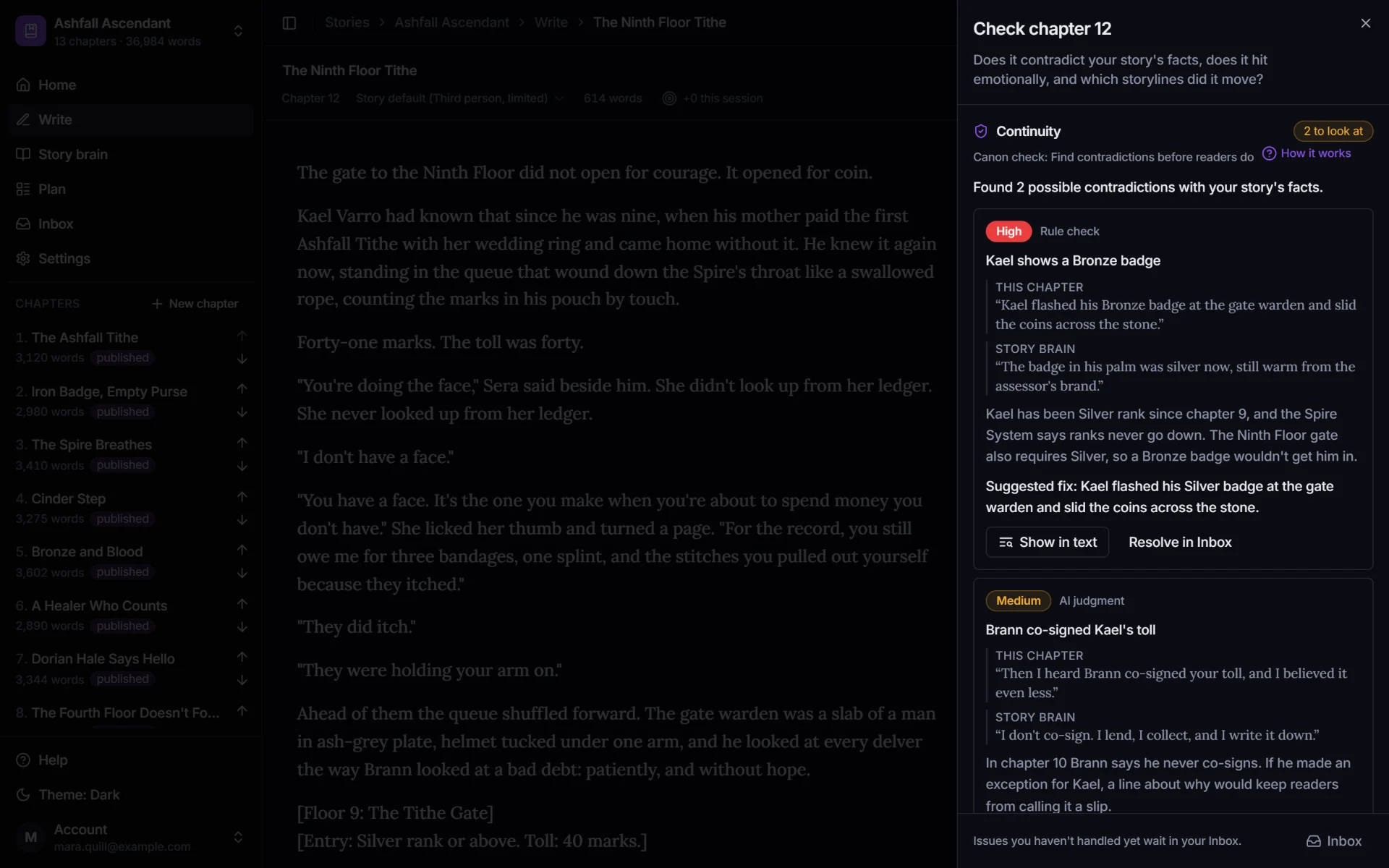 Check chapter 12: Kael shows a Bronze badge, but the story brain says he has been Silver rank since chapter 9, and the Spire System says ranks never go down.