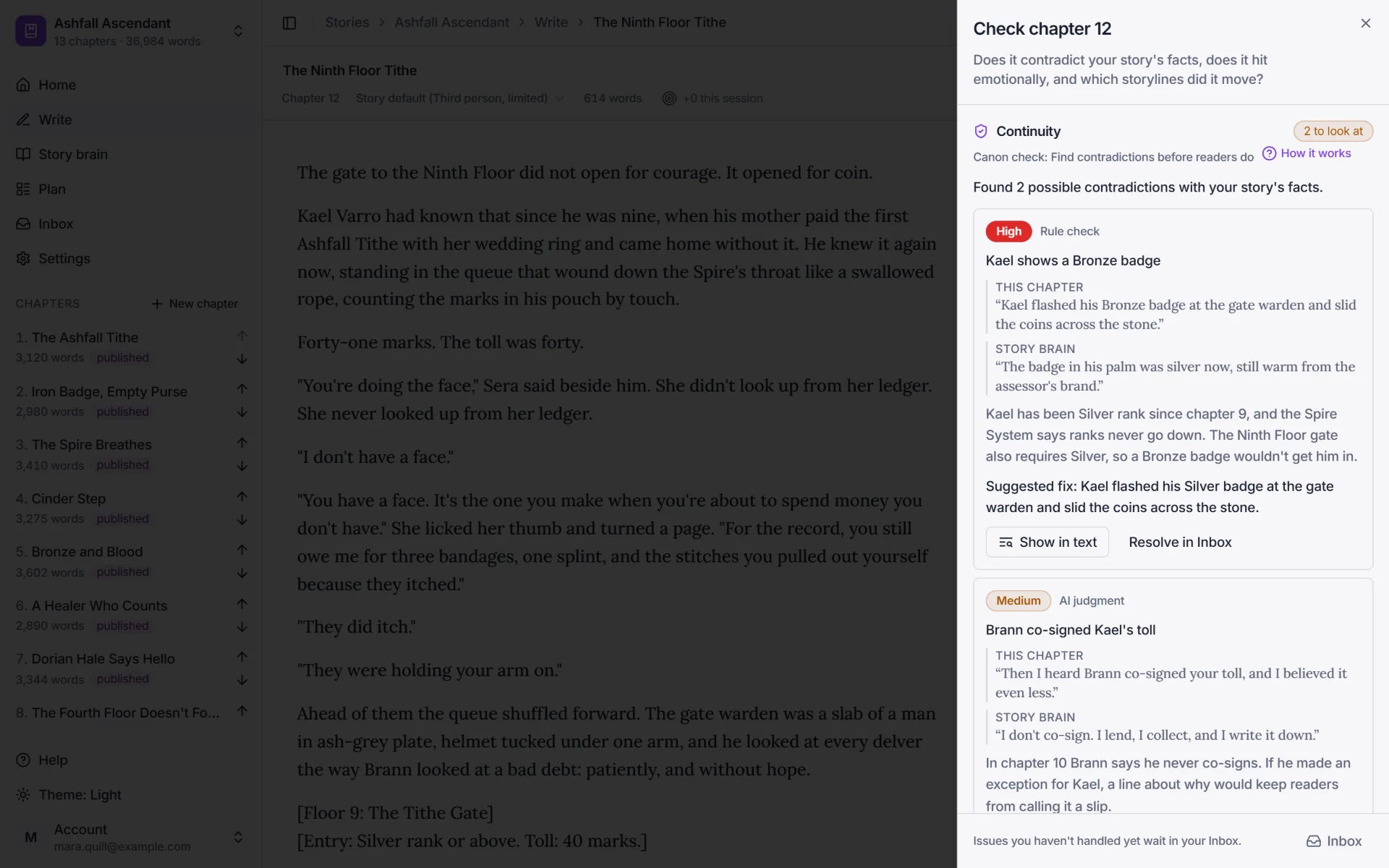 Check chapter 12: Kael shows a Bronze badge, but the story brain says he has been Silver rank since chapter 9, and the Spire System says ranks never go down.