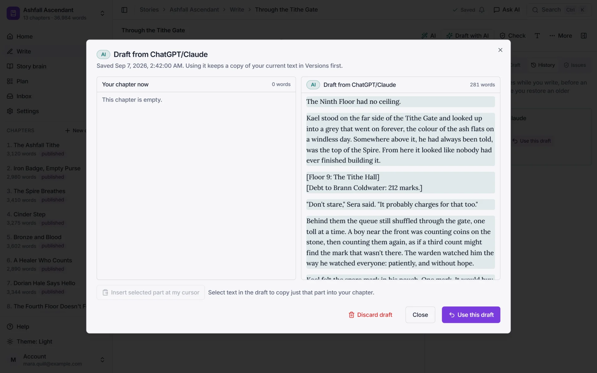 A draft of chapter 13 saved from Claude, shown next to the empty chapter, with Use this draft and Discard draft.