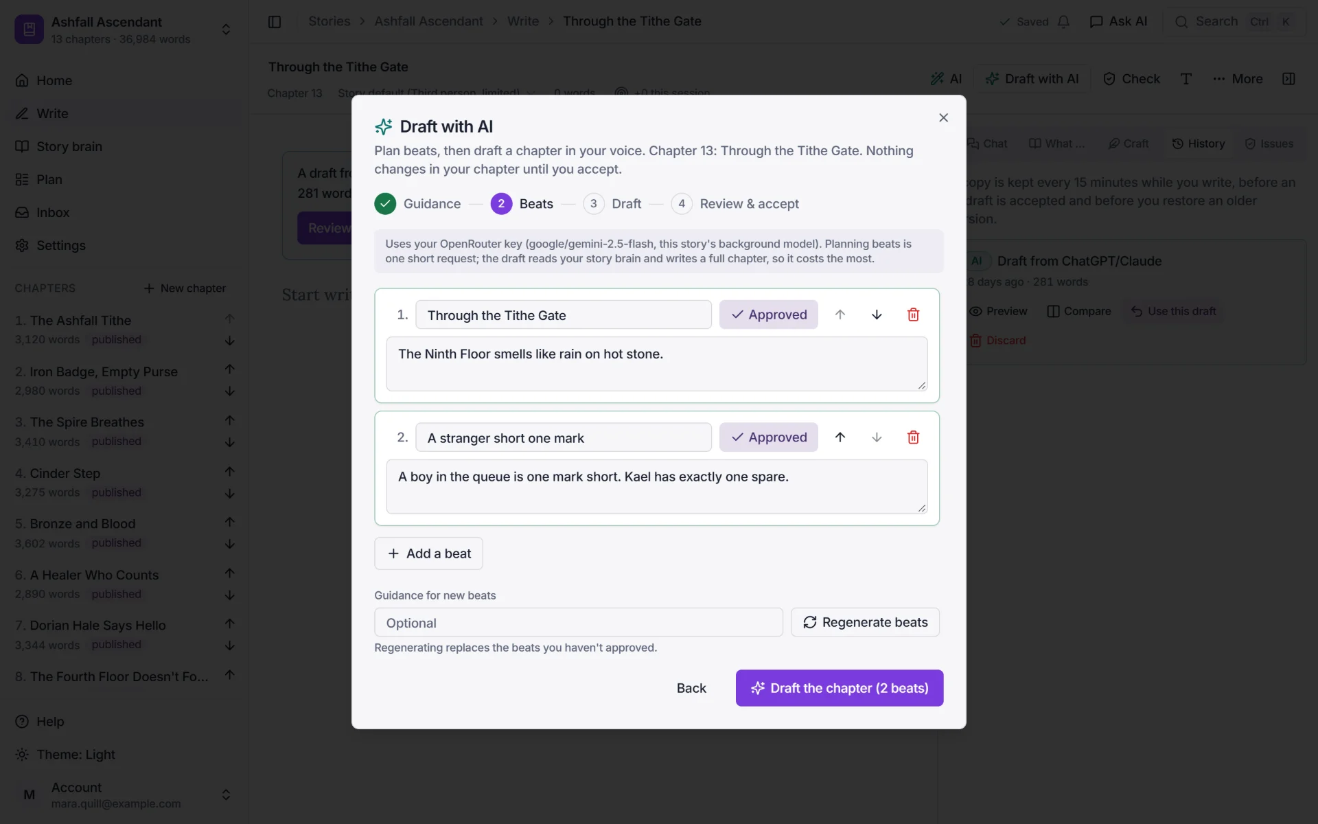Draft with AI: guidance, beats, draft, and review and accept, with two approved beats for chapter 13.