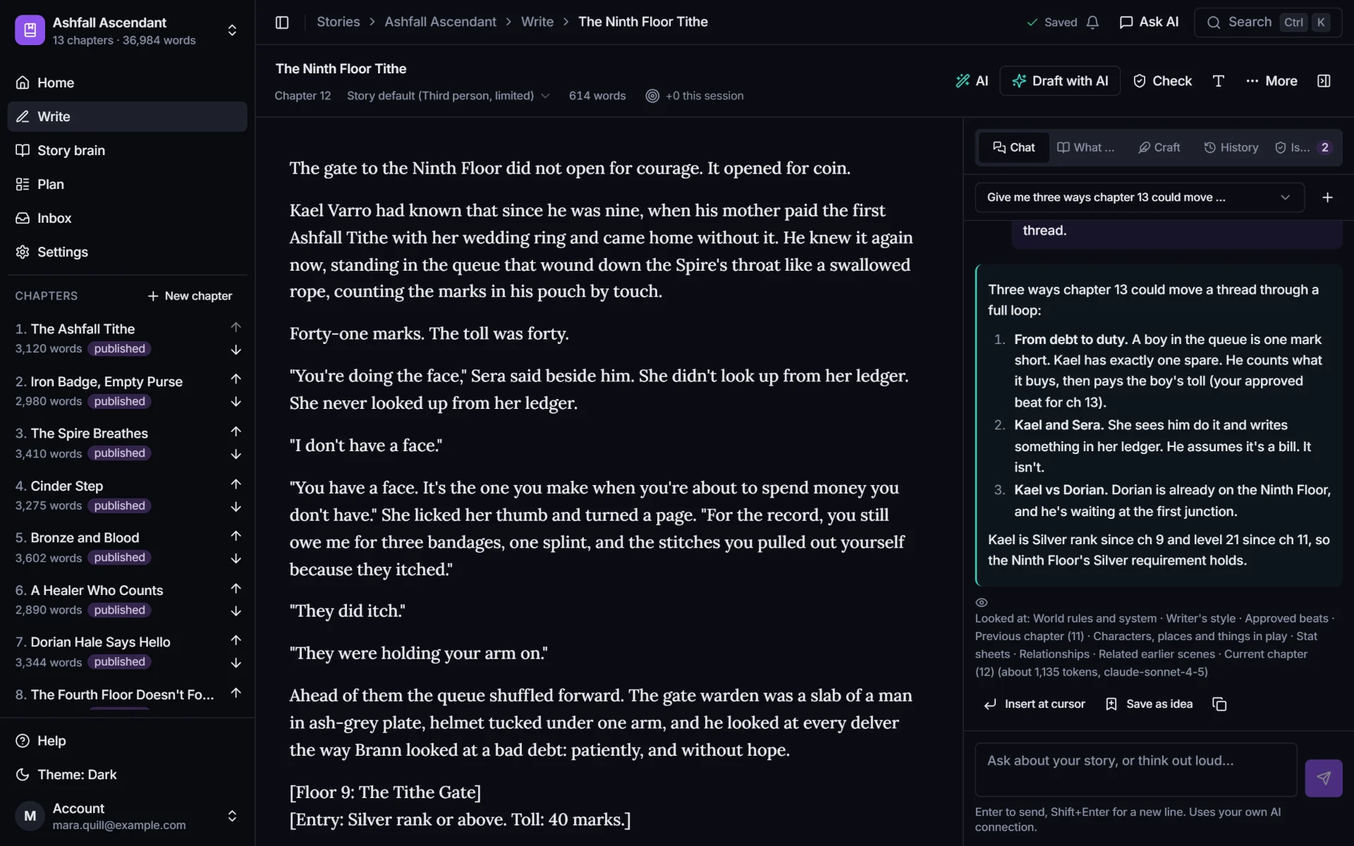 The chat beside the editor suggests three ways chapter 13 could move a thread, and lists what it looked at in the story brain.