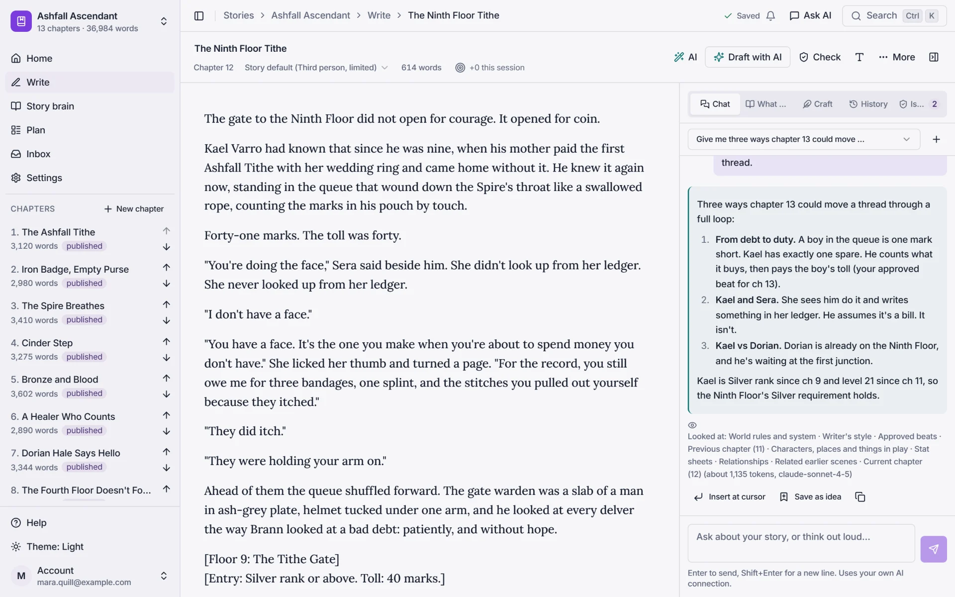 The chat beside the editor suggests three ways chapter 13 could move a thread, and lists what it looked at in the story brain.