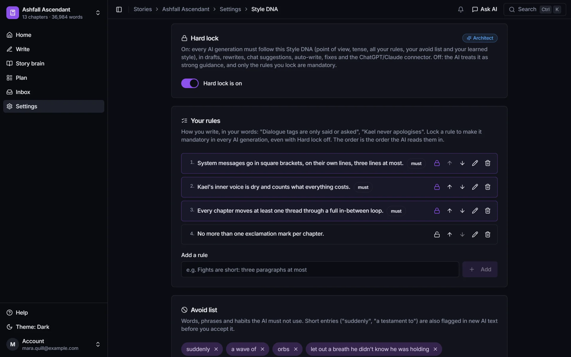 Style DNA settings with Hard lock on, three locked rules marked must, and an avoid list including suddenly and a wave of.